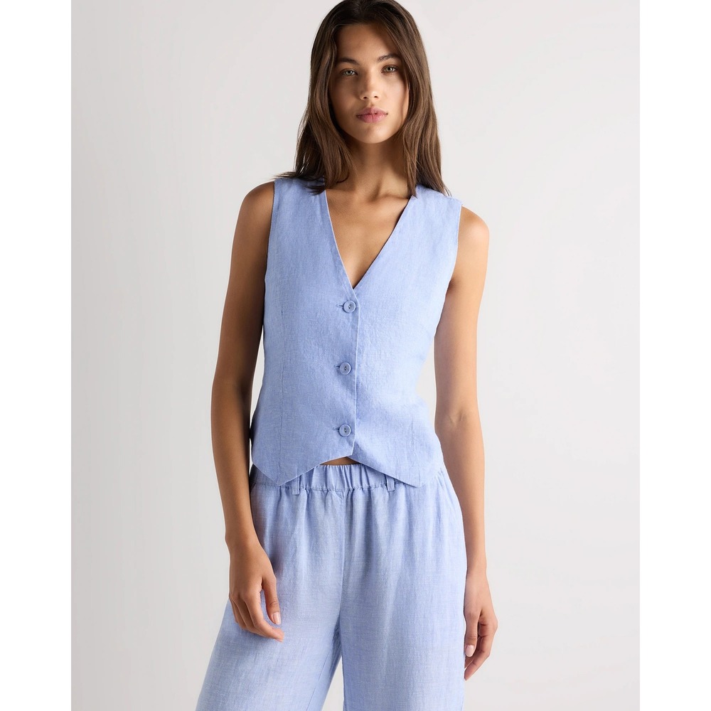 Quince Linen Vest Top Women Small Light Blue V Neck Button Front Tailored Career